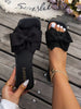 Women's Lightweight Non-Slip Black Sandals With Bow Decor, Strap Square Toe Slip-On, Outdoor/Indoor Summer Flat Sandals Valentines