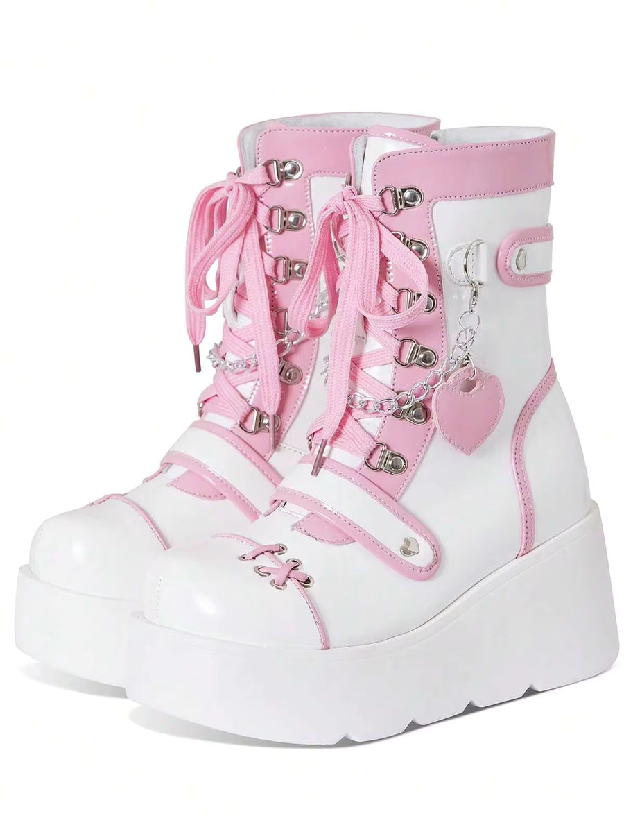 Goth Punk Women's Chain Platform Boots Platform Wedge Ankle Boots Goth Patent Lace Up Boot Chain Strappy Booties Lace Up&Zipper Combat Boots