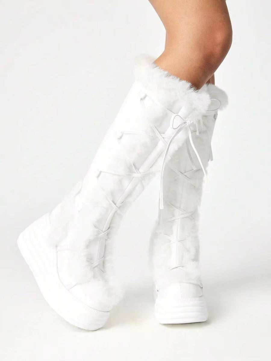 ROMWE Women's Round Toe Punk Lace-Up Side Zipper Platform Thick Sole Boots With Fur Lining, Fashion Over-The-Knee, Autumn/Winter New Arrival Y2K 2000s Style